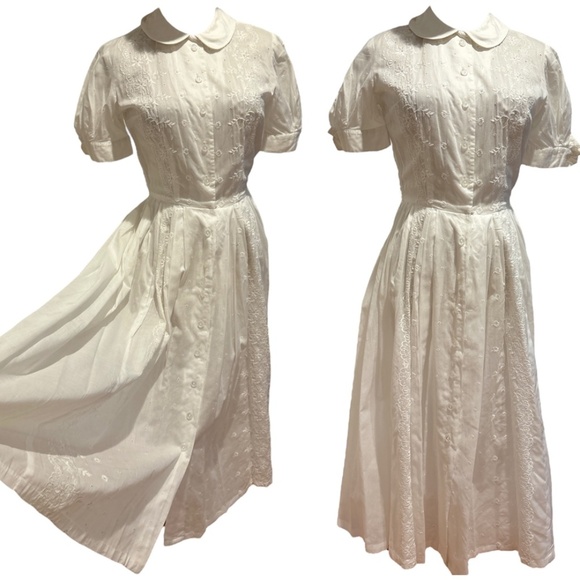 Dresses & Skirts - 1950s WHITE SHIRT RETRO MCM MIDI HOUSE DRESS EYELET FRONT W PUFF SLEEVE SZ S